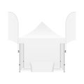 Marquee tent for events with demonstration table and two feather flags, isolated